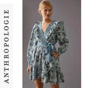 NWT Anthropologie Floral Ruffle Wrap V-Neck Dress xxs